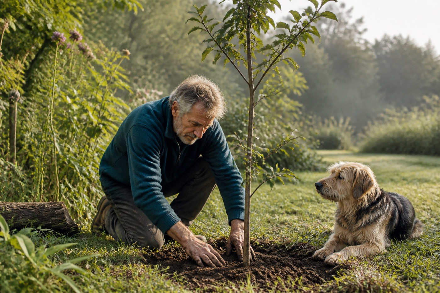 Älterer Mann pflanzt gemeinsam mit seinem Hund einen jungen Baum