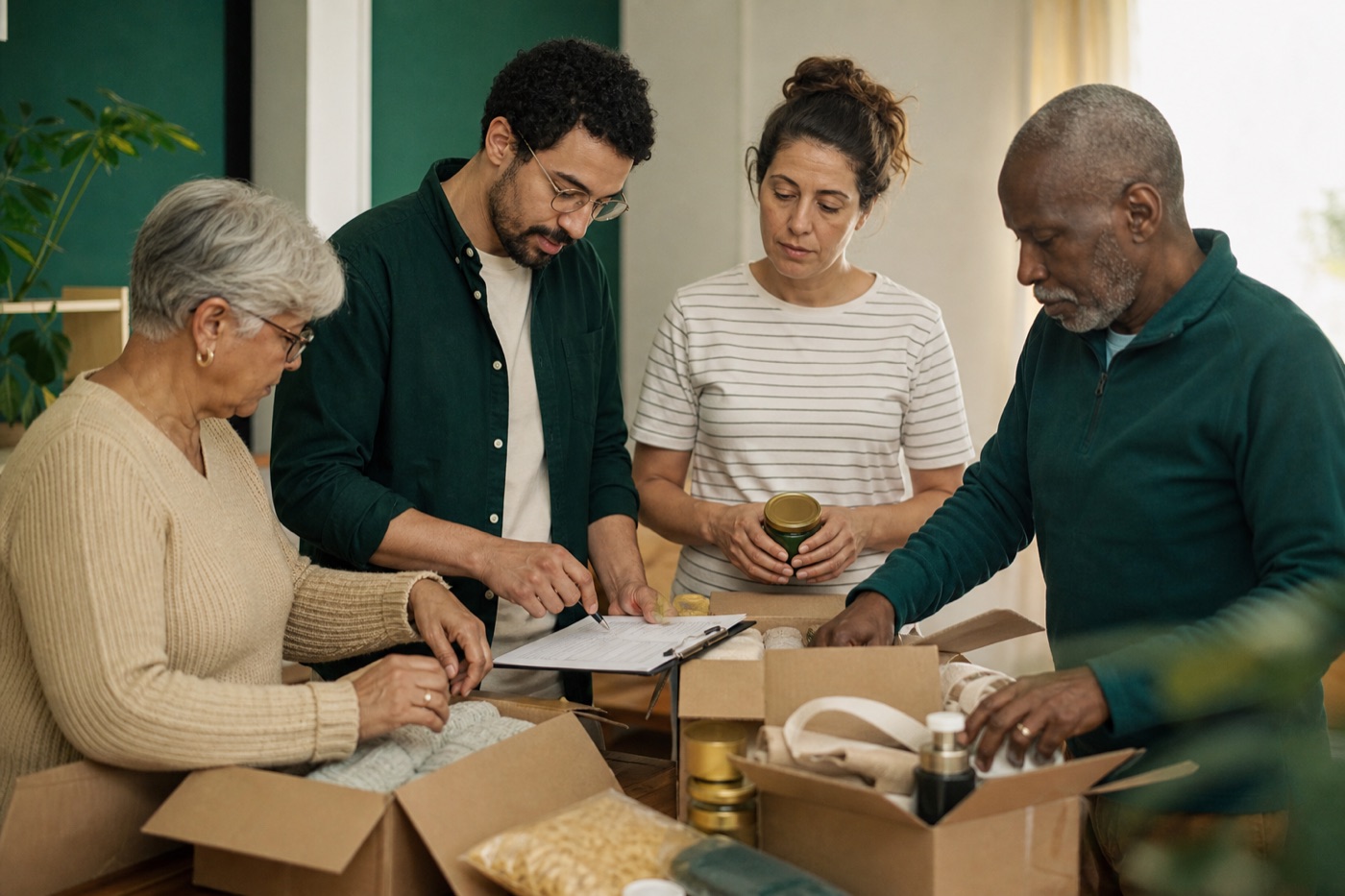 Menschen verschiedener Generationen packen gemeinsam Hilfspakete